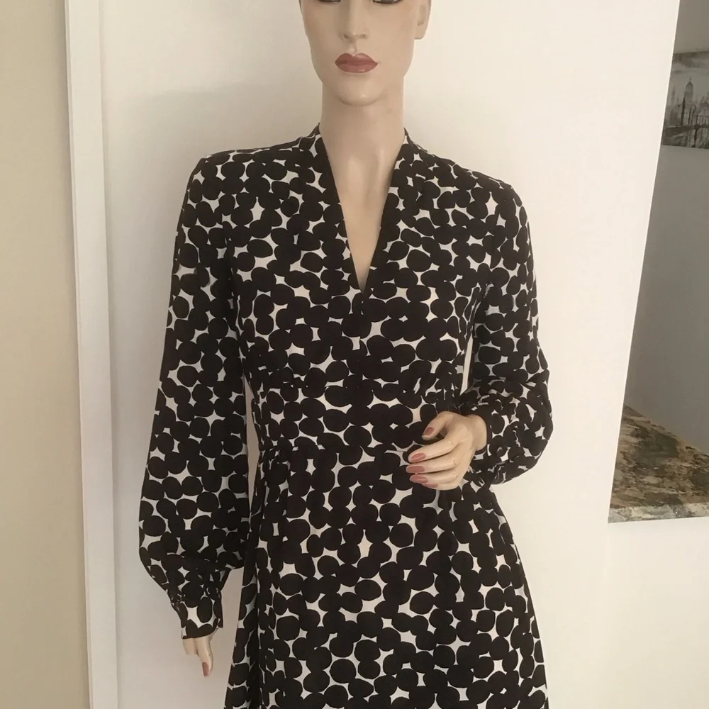 Kate Spade Black White Blot‎ Dot Polkadot Silk Fitted Long Sleeve Dress 2